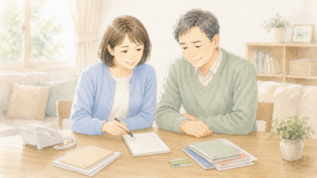 銀行への相続連絡を終え、案内された必要書類と今後の手続きを確認して安心する家族のイラスト