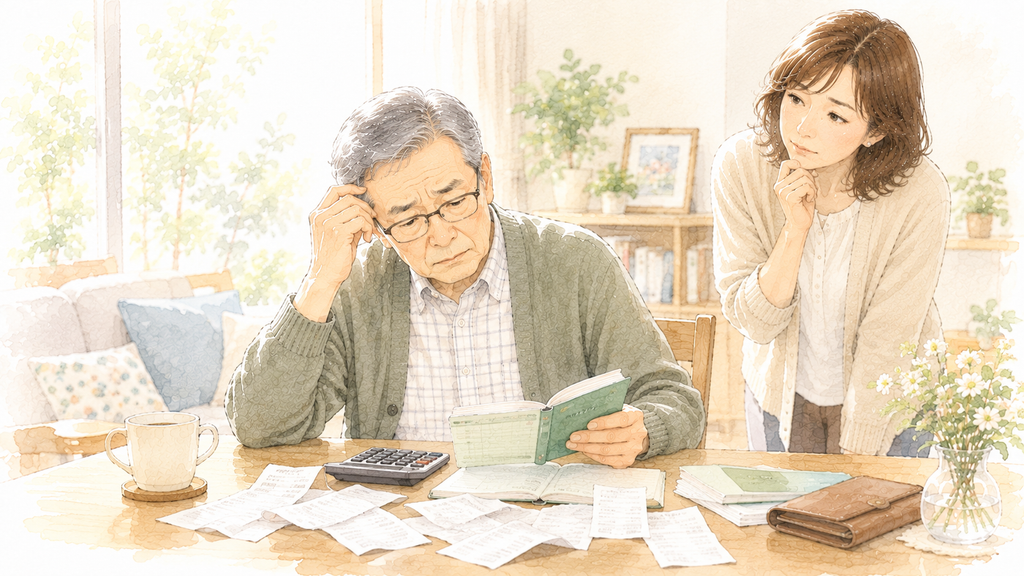 お金の計算や管理に不安が出てきた高齢の父と、認知症を心配して見守る家族