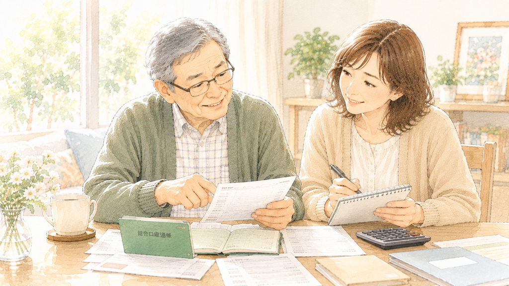 認知症に備えて高齢の父と家族が通帳や大切な書類を一緒に確認し、財産管理について話し合う様子