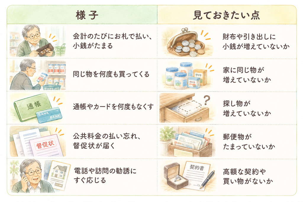 高齢の親のお金の管理で気をつけたいサイン｜計算ミス・買い物・通帳紛失・支払い忘れ・高額契約のチェック表
